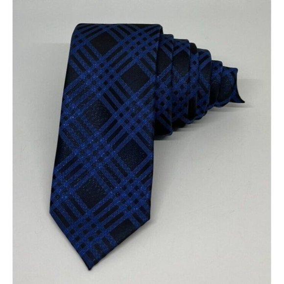 J Ferrar Men's Tie Slim,Skinny Necktie Blue And Black Plaid Blue Metallic Design - Picture 1 of 10